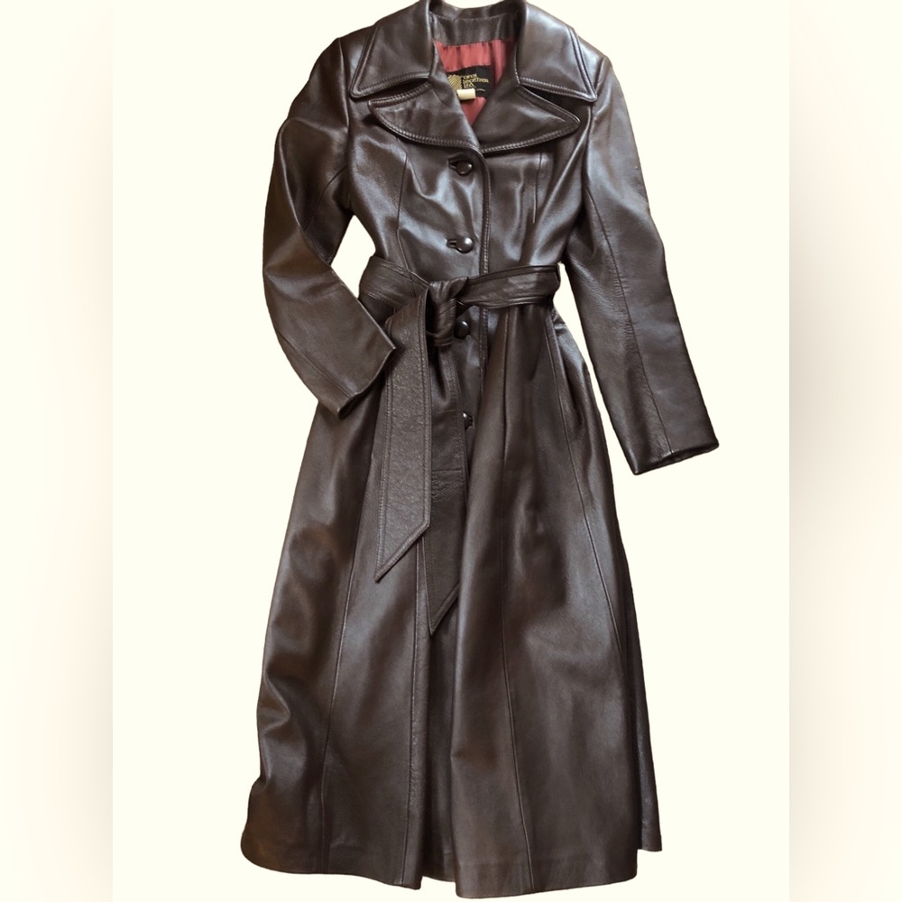 VTG Ami Leather Belted Trench Coat Sz. 10 Brown Lined Long Notched Collar Flaw